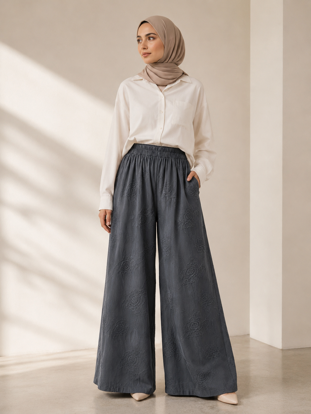 Black-on-Black Embroidered Wide Leg Trousers