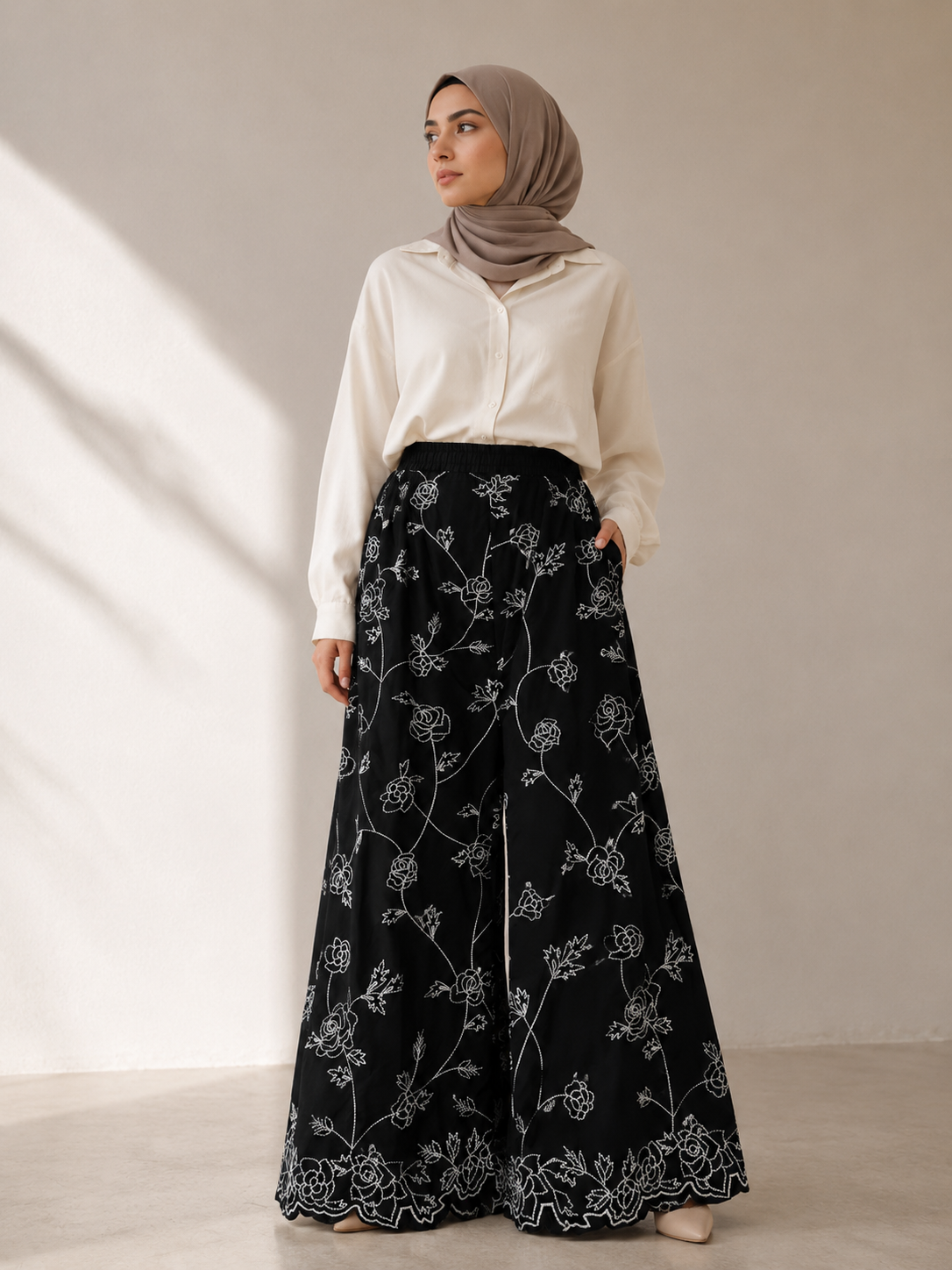 White-on-Black Embroidered Wide Leg Trousers