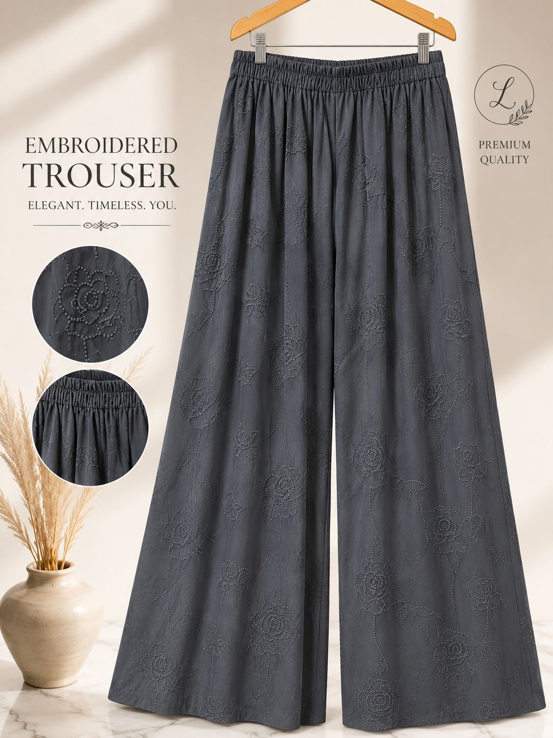 Black-on-Black Embroidered Wide Leg Trousers
