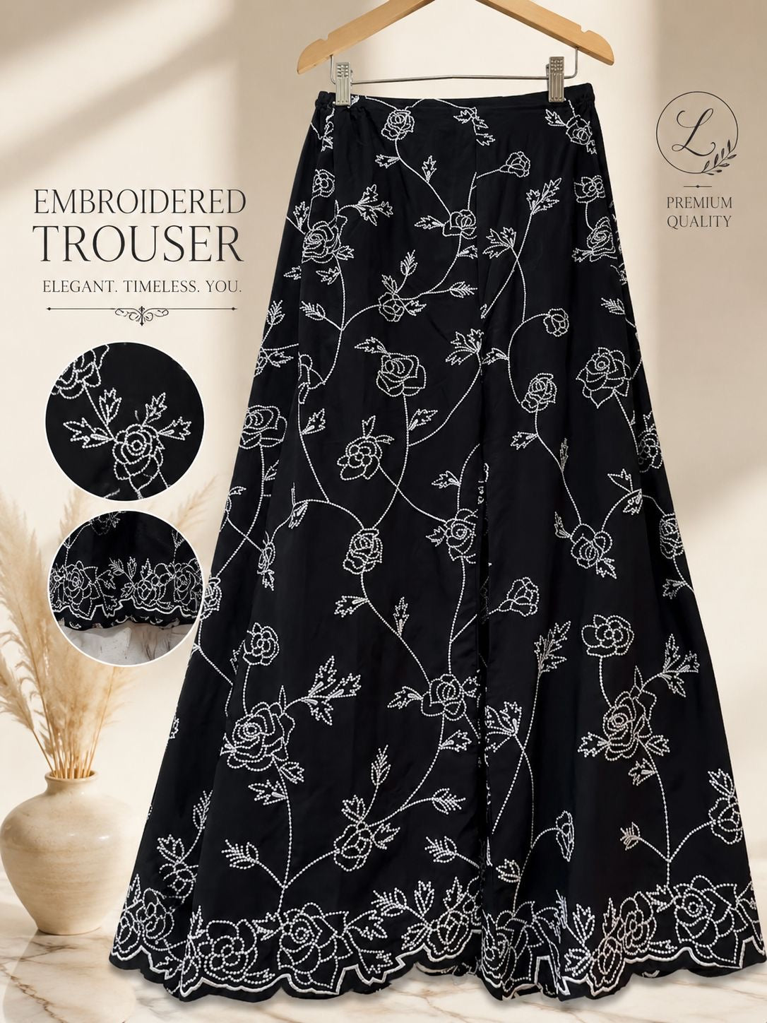 White-on-Black Embroidered Wide Leg Trousers