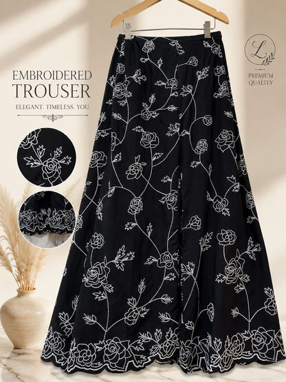 White-on-Black Embroidered Wide Leg Trousers