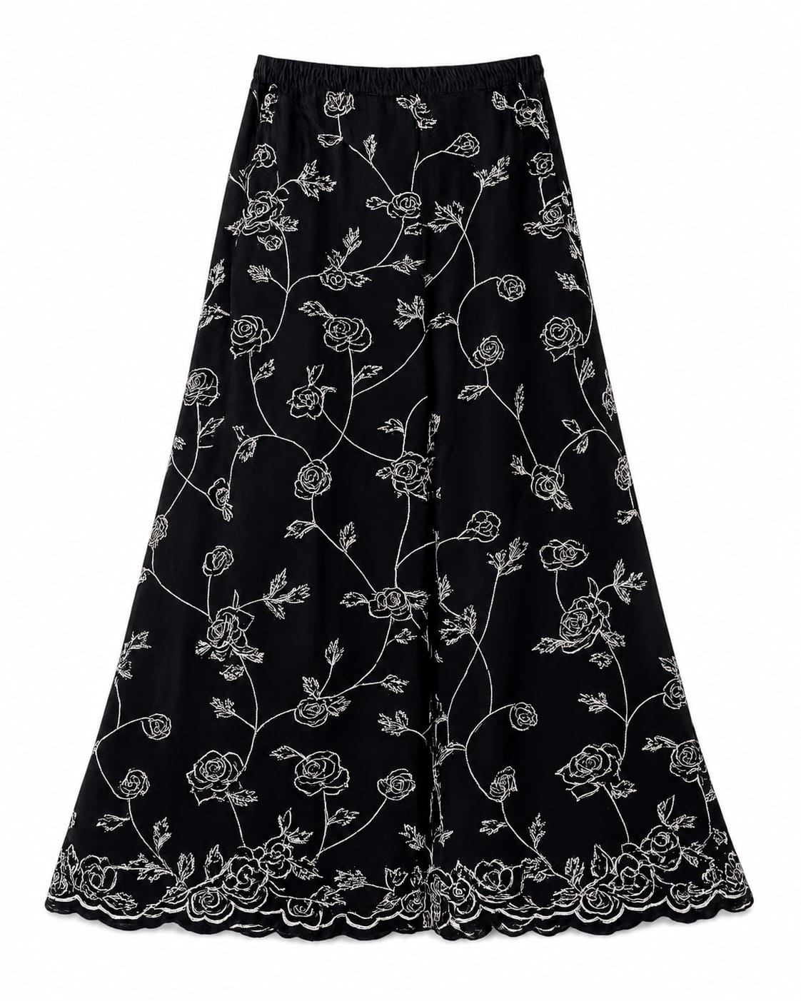 White-on-Black Embroidered Wide Leg Trousers