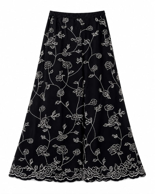 White-on-Black Embroidered Wide Leg Trousers